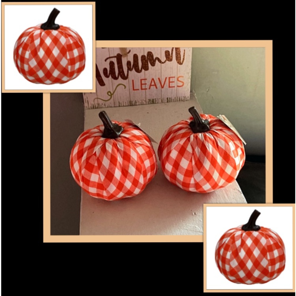 Brand NWT- 2 Orange & White Buffalo Check Fabric Wrapped Pumpkins Decorations